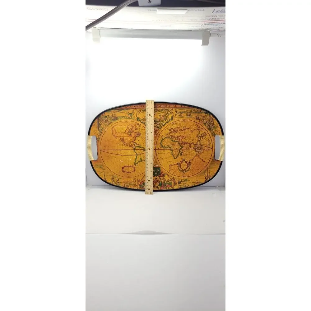 Vintage Old World Map Globe Serving Tray Made in Japan Oval Bar Serving Tray
